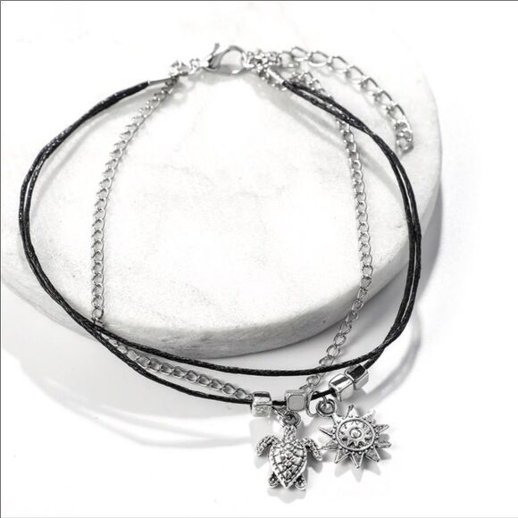 Silver Black Multi Charm Sun, Sea Turtle, Beads Anklet Set - Picture 5 of 6